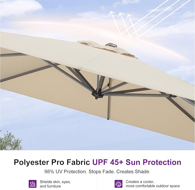PURPLE LEAF 9'×9' Patio Umbrella with Base Outdoor Cantilever Umbrella with Cover Aluminum Square Offset Umbrella with 360-degree Rotation for Deck Pool Garden Beige