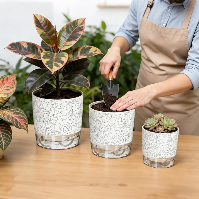3 Pack Self Watering Pots for Indoor Plants, 4+5.5+6.3 Inch Self Watering Plant Pots, Flower Pots with Wick Rope and Reservoir - Crack Texture