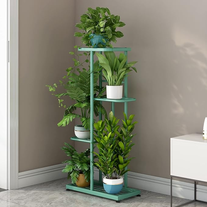 LINZINAR Metal 4 Tier 5 Potted Indoor Outdoor Plant Stand Shelf Planter Display for Patio Garden Corner Balcony Living Room