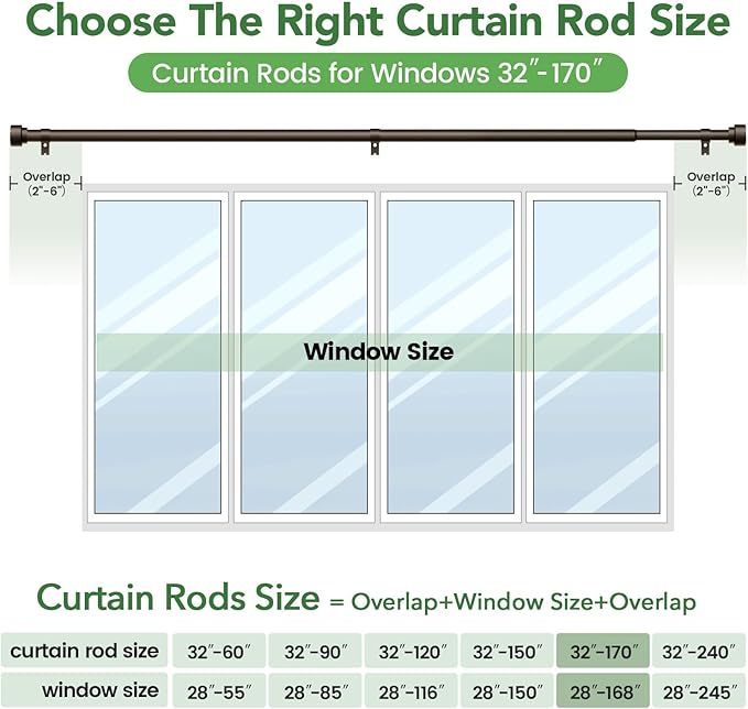 Curtain Rods for Windows 32 to 170, 1 Inch Adjustable Heavy Duty Long Window Outdoor Curtain Rod for Patio, Drapery Rods with Simple End Caps, Size 32"-170", Antique Bronze