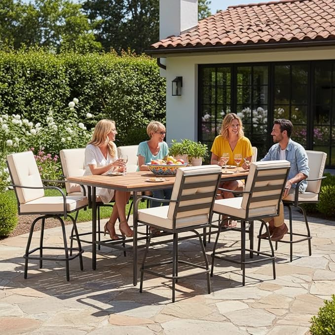 Patio Swivel Bar Stools Set of 6, Outdoor Bar Height Swivel Chairs with Cushions for Garden Balcony Backyard, Beige