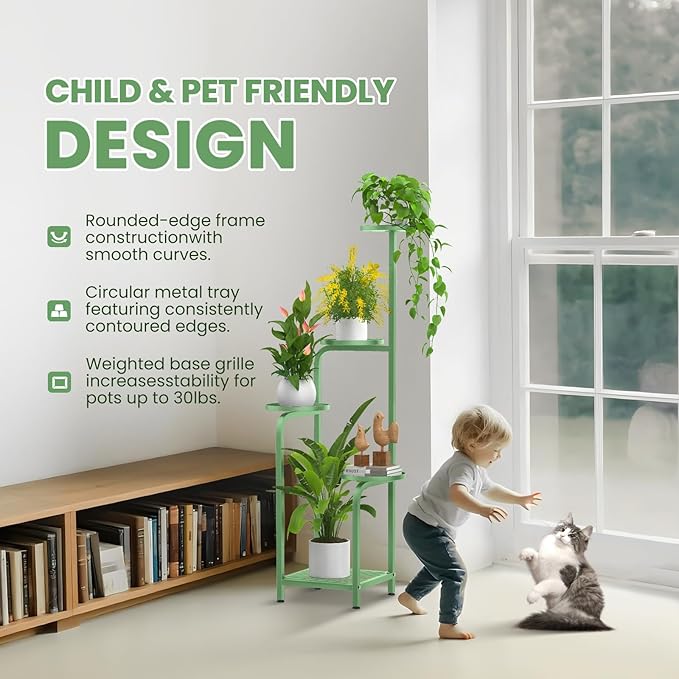 TOSKING 5 Tier Tall Plant Stand Indoor Outdoor, Heavy Duty Corner Shelf for Plants & Decor, Space Saving 3.9FT Metal Flower Pot Stand for Balcony, Garden, Living Room, Patio( Sage Green, 5Tier SQ Base)