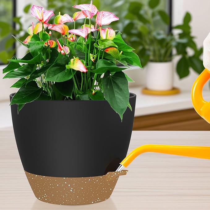 12 Inch Large Self Watering Pots, Flower Pots with Multi-Mesh Drainage Holes and Saucer, Planters for Indoor and Outdoor Garden Plants (Black with Brown)