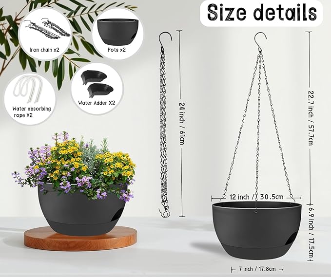 2 Pack 12 Inch Self Watering Hanging Planters for Indoor Plants, Large Black Plastic Hanging Pots with Chains for Outdoor Patio Garden Home Decor Black