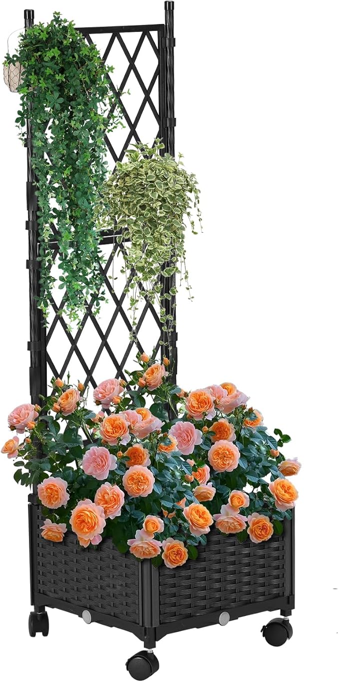 Planter with Trellis Raised Garden Beds, Trellis Planter Box Outdoor Self-Watering for Gardening, Climbing Vegetables, Flowers, Balcony Backyard Patio, Black,1PC