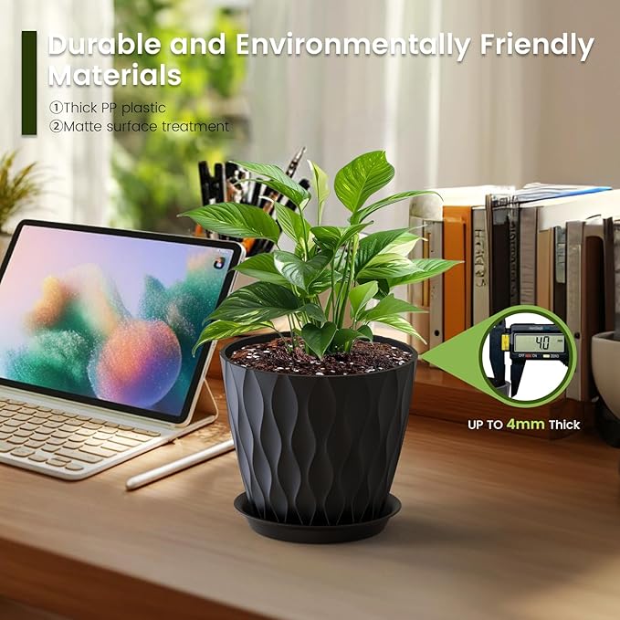 7 inch Plant Pots for Indoor Outdoor Plants, 5 Pack Thick Flower Pots with Drainage Holes and Saucers, 3D Modern Wave Texture Plastic Planter Pots for House Plants, Black
