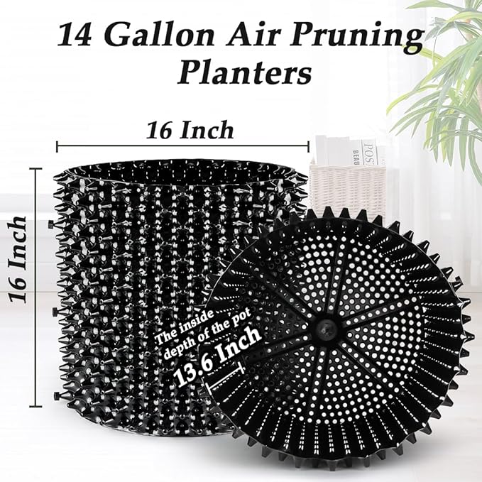 Air Pruning Containers, 14 Gallon Air Pruning Planters, Plastic Pots for Plants, Large Plant Pots, Fruit Vegetable Garden Self-Planting Planters, Size 16"x16", Black, 10P