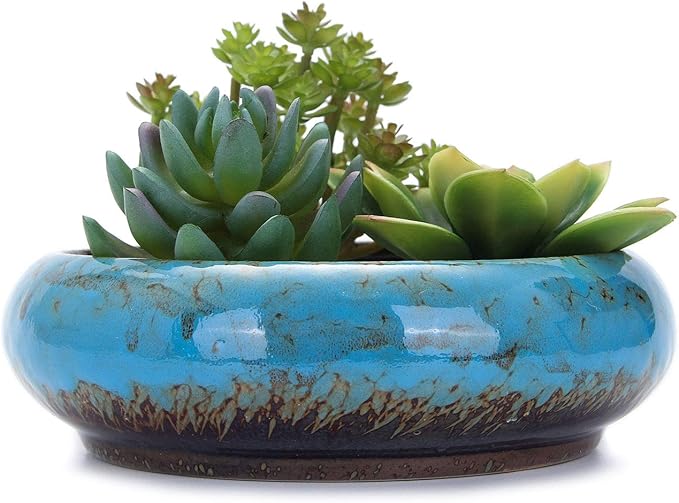 VanEnjoy 7.3 inch Round Large Shallow Succulent Ceramic Glazed Planter Pots with Drainage Hole, Bonsai Pots Garden Decorative Cactus Stand Flower Container (Blue)