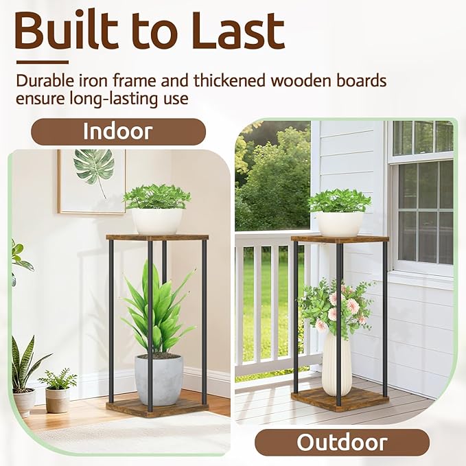 2 Tier Plant Stand Indoor, Oppro 28In Tall Corner Vertical Wood Metal Shelf, Square Modern Black Large Planter Table Heavy Duty Flower Pot Holder Rack for Narrow House Living Room Floor Orchid, Rustic
