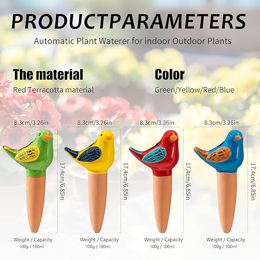 4 Pack Self Watering Bird Shaped Globes, Terracotta Vacation Planters Devices with Slow Release Automatic Watering Spikes, Plant Watering Pots for Indoor and Outdoor Potted Plants