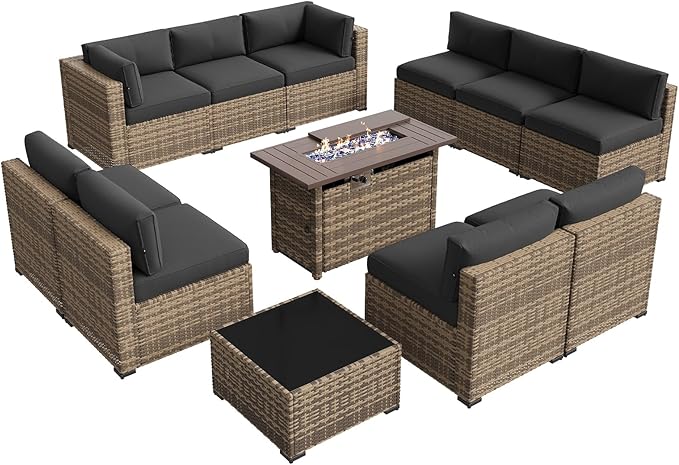 Aoxun Patio Furniture Sets, 12-Piece Outdoor Patio Furniture with 44'' Propane Gas Firepit Table, Wicker Outdoor Conversation Set Sectional Sofa for Backyard, Poolside, Garden