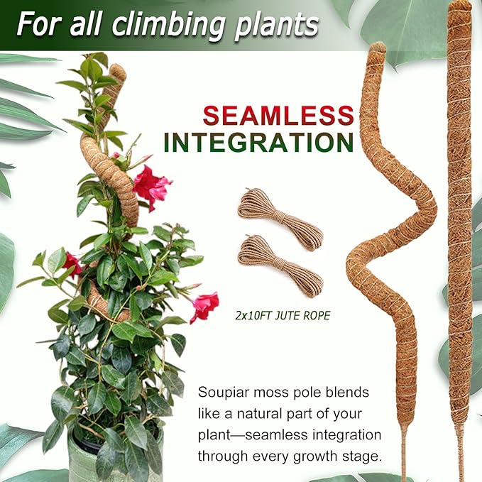 Soupiar 2 Pack 48'' Bendable Moss Pole for Monstera & Pothos - Tall Handmade Coco Coir Plant Support Stakes for Large Climbing Indoor Plants, Potted Houseplant Trellis Accessories