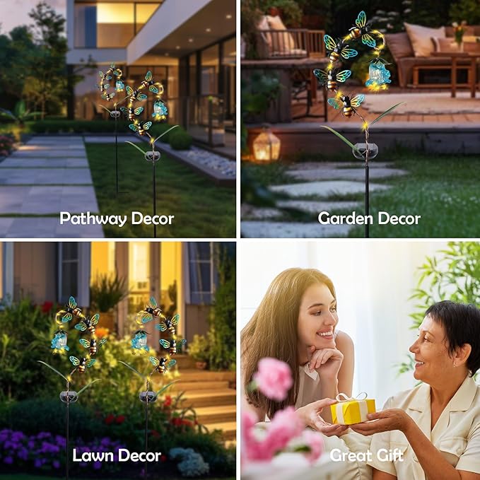 Afirst Decorative Solar Lights Outdoor Solar Bee Stake Light with Glass Flower Metal Decorative Garden Lights Outdoor Waterproof Stakes for Pathway Yard Lawn Decoration Mothers Day Mom Gifts