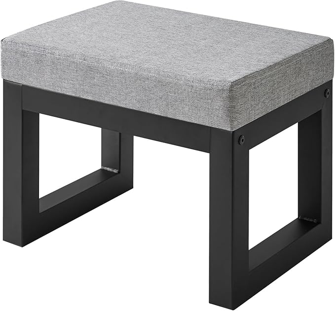 IBUYKE 16 Inch Small Foot Stool Ottoman, Rectangle Linen Foot Rest with Padded Seat and Metal Legs, Modern Ottoman Foot Rest for Living Room Bedroom Entryway Couch, Grey-Blue WBD001L