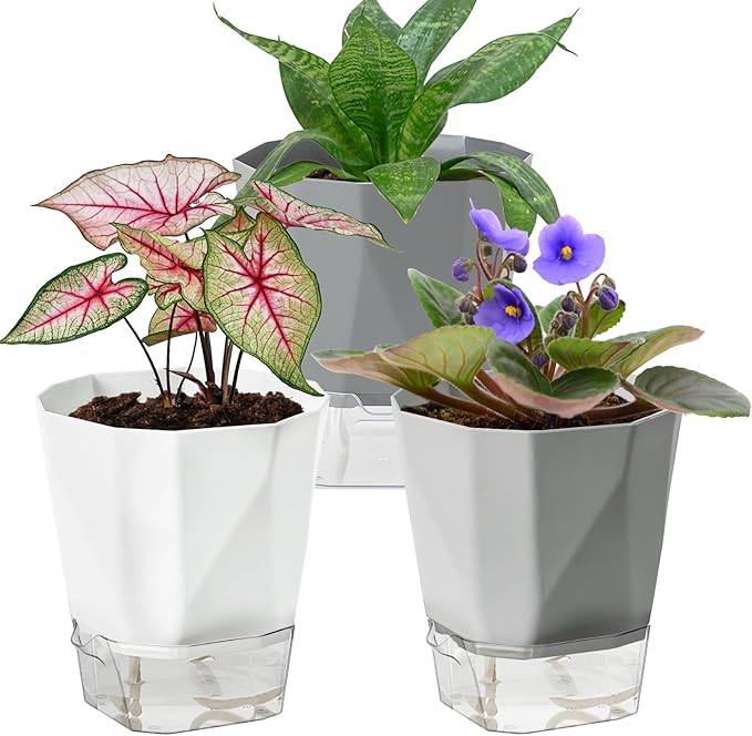 3 Pack Self Watering Planter Pots, 4.9 Inch African Violet Pots for Indoor Outdoor Windowsill Gardens, Plant Pot with Wick Rope and Reservoir