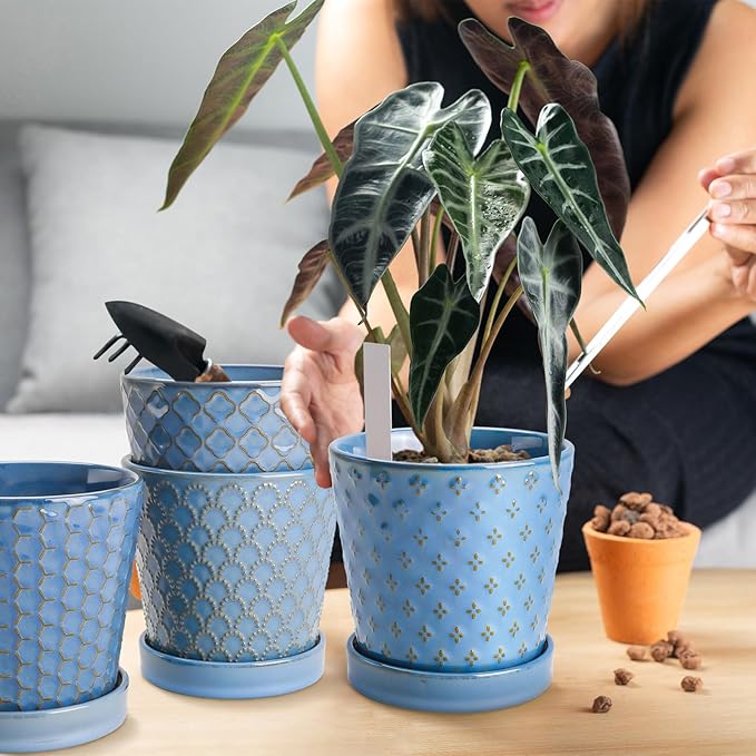 EFISPSS Plant Pots,5 Inch Pots for Indoor Plants,Planters with Drainage Hole and Saucer, Ceramic Flower Pots Desktop Office Windowsill Decoration Gift Set of 4 - Sky Blue