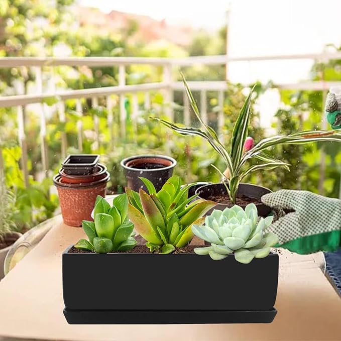 Vencer 14 Inch Rectangular Modern Minimalist Ceramic Succulent Planter Pot - Window Box with Saucer,Office Desktop Potted Stand,Black,VF-0175B