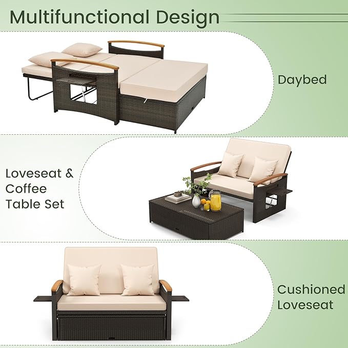 Tangkula Patio Rattan Daybed with 4-Level Adjustable Backrest, Outdoor Wicker Loveseat with Acacia Wood Armrest, Storage Ottoman & Folding Tray, Double Sunbed Lounger for Balcony, Backyard & Poolside