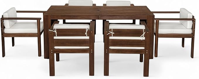 Merax 7-Piece Patio Dining Table Set,Outdoor Furniture Set with 72.8" Rectangle Table & 6 Chairs,Adjustable Leveling Feet,Umbrella Hole for Backyard,Garden,Poolside,Brown+ Beige
