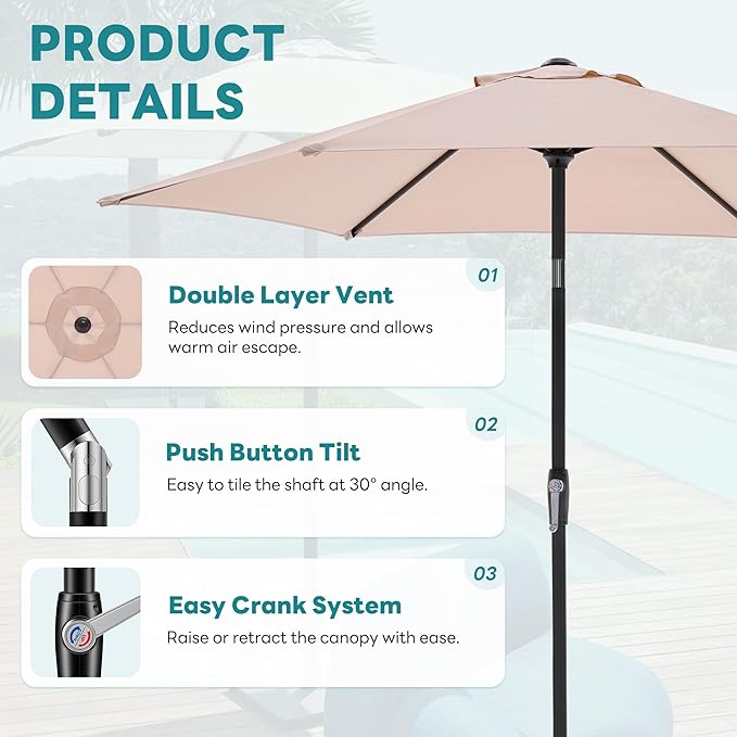 OLIXIS 7.5ft Patio Umbrella with Tilt and Crank Button & 8 Sturdy Ribs Waterproof, Patio Table Umbrella Perfect for Poolside, Terrace, Beach and Outdoor Restaurant, Beige
