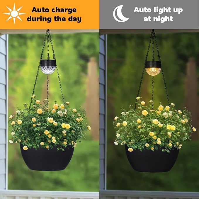 SUNNYPARK 2 Packs Hanging Planters Basket for Outdoor Plants, Solar Powered Self Watering Black Round Plastic Flower Pots with Drainer for Balcony Patio Garden Outdoor Decoration