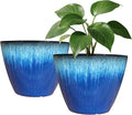 Pack of 2 Flower Pots, Plastic Plant Pots with Drainage Holes, 8 inch Modern Glossy Finishing Planter for Indoor Outdoor Plants (Blue Glaze, 2 Pack)
