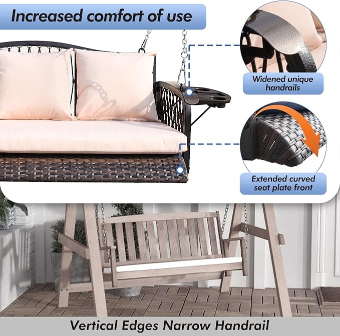 Wicker Porch Swing Heavy Duty 900 LBS 3-Seat Outdoor Patio Swing Chair with Cushions & 8.9ft Chains Outdoor Hanging Bench with Upgraded Cup Holders for Garden Deck Backyard