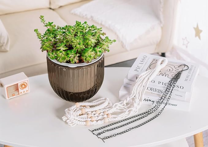 Melphoe Self Watering Hanging Planters for Indoor, 1 Pack 8.3 Inch Outdoor Hanging Plant Pot Basket, 2 Kinds of Plant Hangers Macrame 35.5’’ & Metal Chain 19.6’’ for Garden Home Decor