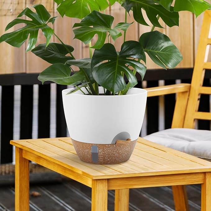 Self-Watering Plant Pots with Water Level Indicator, Drainage Holes & Saucers – 12/10/9 Inch Large Plastic Planter Set for Indoor & Outdoor Plants (White)