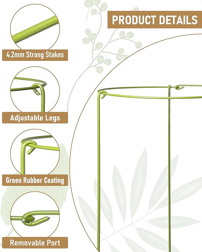 3-Pack Heavy Duty Plant Support Stakes, Metal Plant Ring Cages for Indoor Outdoor Plants, Adjustable Garden Stakes for Peonies, Monstera, Pothos, Hydrangea, Vines & Potted Plant (10" W x 17" H)