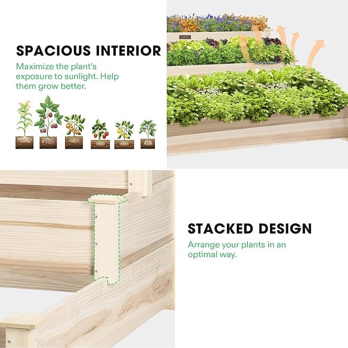 VIVOSUN 3-Tier Wooden Raised Garden Bed, 48 x 48 x 21 Inches, Outdoor Wood Planter Kit for Plants, Herbs, and Vegetables for Garden, Patio, Balcony, Backyard and Outdoors