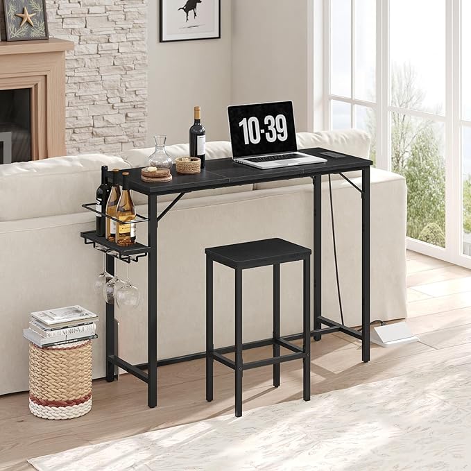 Bar Table, 35.4-Inch Counter Height Pub Table with Charging Station, Rectangular Dining Table with Wine Rack and Glass Holder, High Top Cocktail Tables, for Kitchen, Black（Only Table）