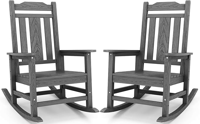 SERWALL Oversized Rocking Chair Set of 2 Outdoor, HDPE Outdoor Rocking Chair Set of 2, Grey