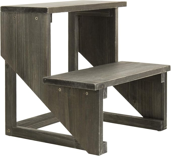 MyGift 2 Tier Rustic Dark Gray Wood Desktop Plant Rack, Farmhouse Style Planter Stand, Desk Display Organizer, Standing Flower Pot Shelf for Garden, Living Room