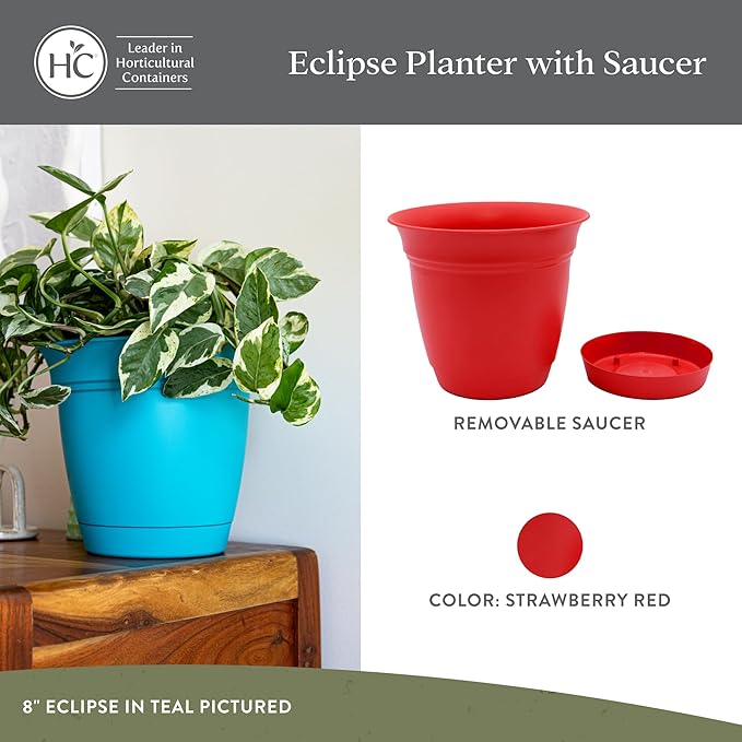 The HC Companies 12 Inch Eclipse Round Planter Pots with Drainage Holes & Attached Saucer, Lightweight UV-Resistant Plastic Indoor & Outdoor Planters, 2-Pack Flower Pots for Garden & Home Decor, Red