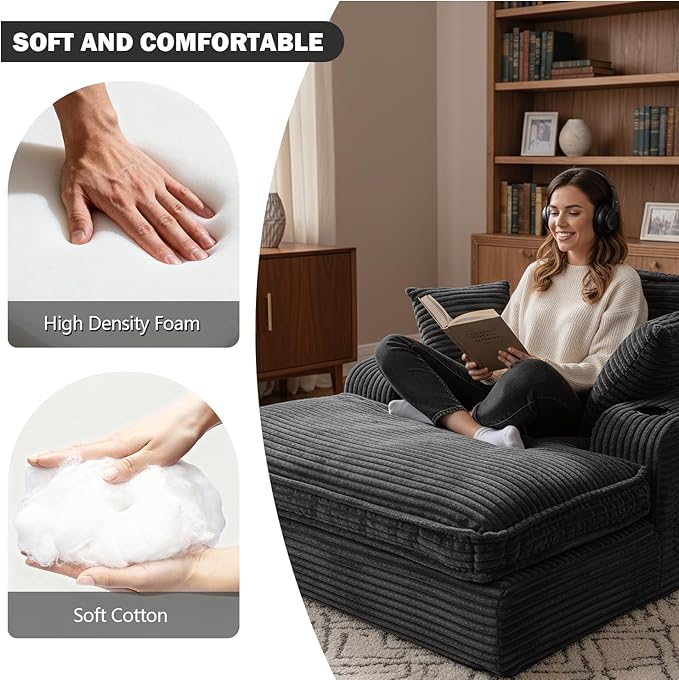 67" Oversized Chaise Lounge Chair Indoor, Soft Boneless Cloud Couch with 3 Pillows, 4 Side Pockets and 2 Cup Holders, Comfy Corduroy Sleeper Couch for Living Room Bedroom