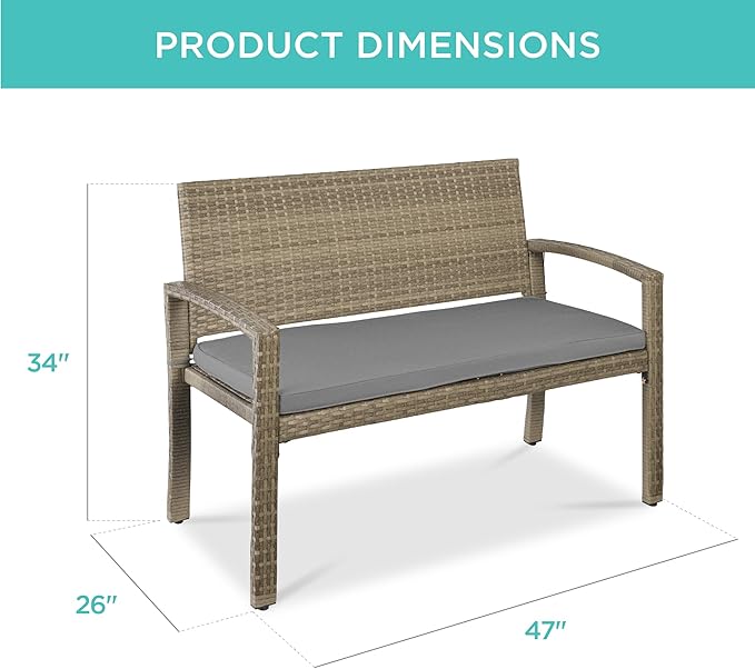 Best Choice Products Outdoor Bench 2-Person Wicker Garden Patio Benches Seating Furniture for Backyard, Porch w/Seat Cushion, 700lb Capacity - Cement Gray/Taupe