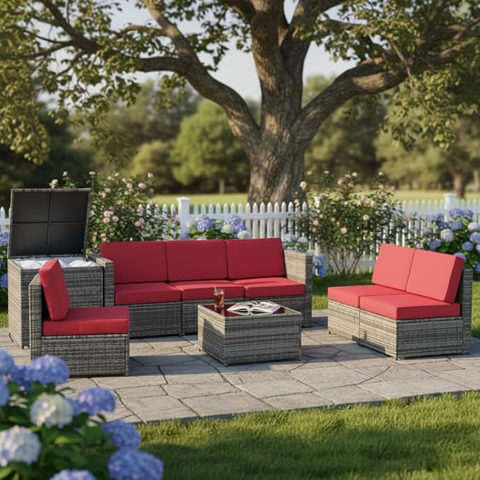 Tangkula 8 Pieces Wicker Patio Furniture Set with Storage Deck Box, PE Rattan Outdoor Sectional Sofa Conversation Set with Coffee Table & Cushions, Outside Furniture for Garden Yard Poolside (Red)