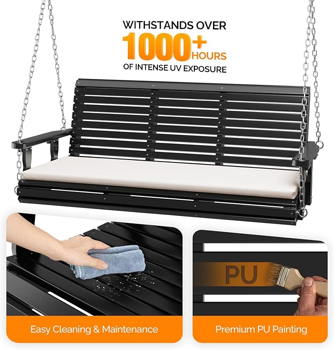 VINGLI Heavy Duty 880 LBS Patio Wooden Porch Swing Outdoor with Extra Cushion, Farmhouse Hanging Bench Tree Swing with Adjustable Chains for Yard | Garden | Lawn | Balcony (5 FT, Black)