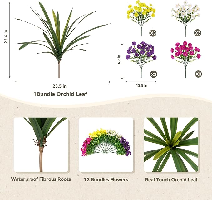 Artificial Flowers for Outdoors Fake Plants Outside, 12 Bundles Silk Morning Glory with Eucalyptus + Orchid Leaf UV Resistant Realistic Faux Flowers for Porch Planter Garden Patio (Mix Color)