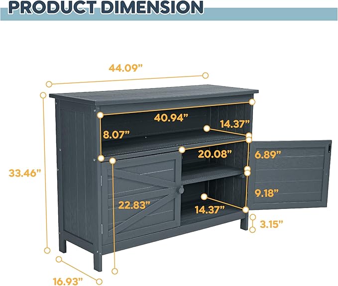 HIPS All-Weather Outdoor Storage Cabinet,Outdoor Sideboard with Magnetic Doors,3-Shelves Patio Storage Cabinet, Used for Garden,Buffet Cabinet,TV Stand, Bar Table,Balcony