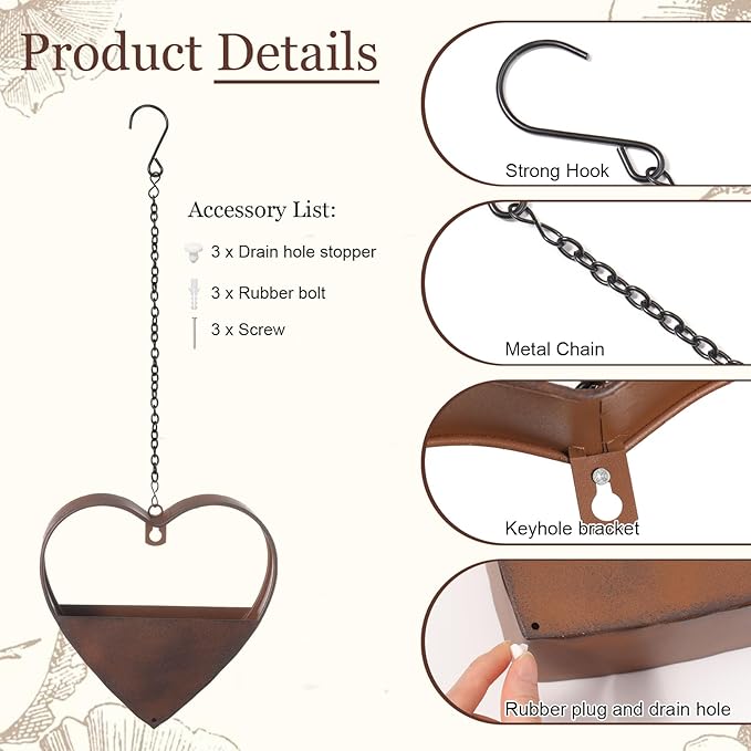 3 Pcs 3 Size Heart Metal Hanging Planter Indoor Outdoor, 13.4" 10.6" 7" Large Metal Plant Hangers Vintage Flower Pot with Hook Chain Drain Hole Gift for Gardener Women Mom Home Decor(Brown)
