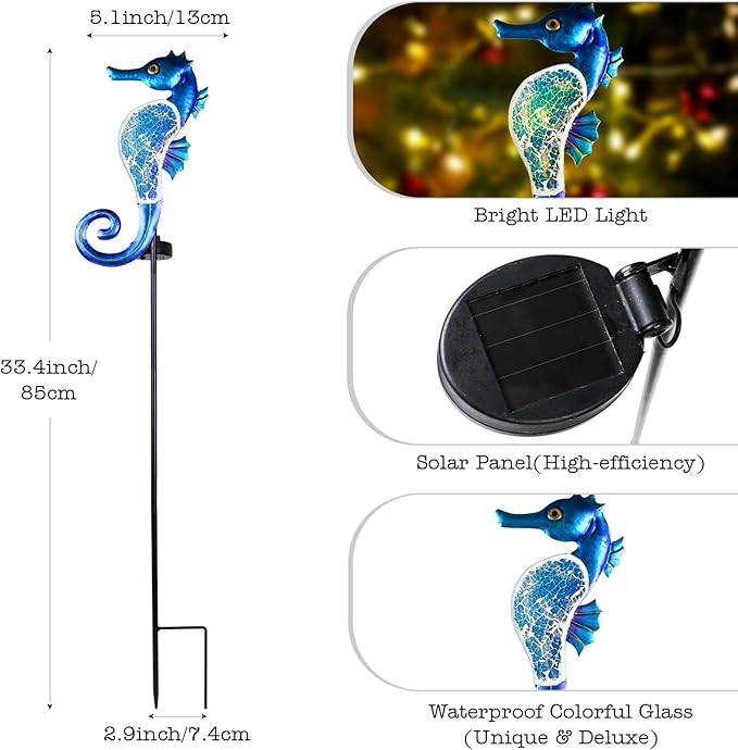 Yiosax-Solar Outdoor Lights Decorative-Yard Outdoor Decor-Garden Stakes Seahorse Decorations Waterproof 7 LED Light Decor Ocean Beach Theme for Lawn Path Yard Decoration Gift Idea Mom Women