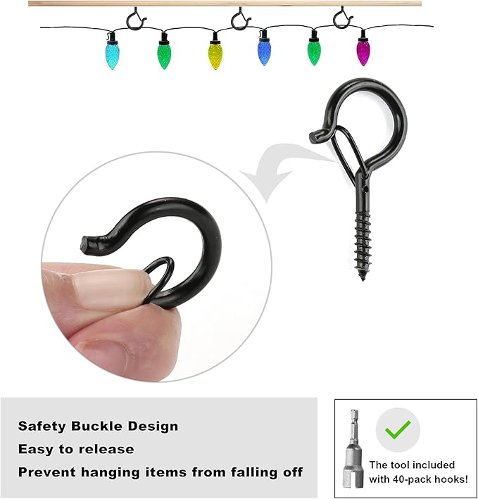 PlusRoc 40 Pack Ceiling Hooks for Hanging Plants Outdoor String Lights Heavy Duty, 2.2 Inch Eye Hook Screw in Cup Hooks Q-Hanger for Patio Lights, Wall Wood Fence Deck Mount(Black)