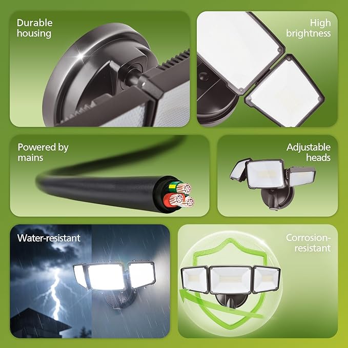 Philips 72W 7400LM LED Flood Lights Outdoor, Switch Controlled Aluminum Security Lights, 3 Adjustable Heads, Wall Mount, 5000K Daylight, Waterproof for Yard, Garage Brown