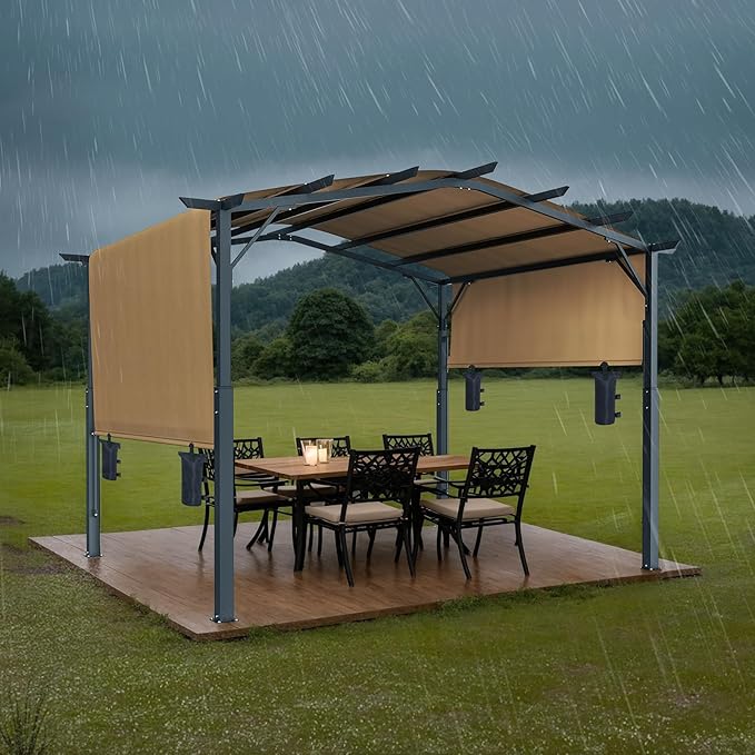 VEVOR 10 x 10 ft Outdoor Pergola, Arched Top Metal Pergola, Retractable Pergola with Sun Shade Canopy, Large Patio Shelter Pavilion, Heavy Duty Garden Pergola for Deck Backyard Porch Poolside
