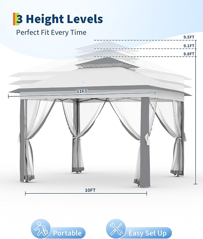 11'x11 Pop-Up Gazebo, Instant Outdoor Canopy Tent with Mosquito Nettings, Durable Steel Frame, Water, and UV Proof, for Patio, Garden, Courtyard, Party (Grey)