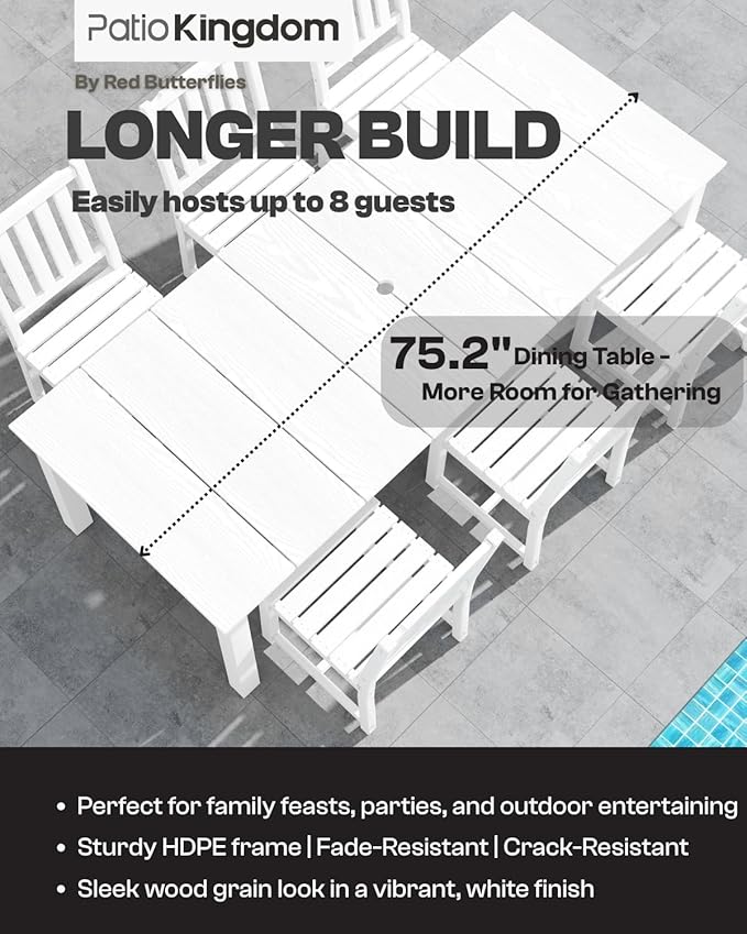 White 9-Piece Outdoor Dining Set with Beige 11FT Cantilever Umbrella, 75.2'' HDPE Table & Chairs for 8, Weather-Resistant Furniture with Umbrella Hole for Patio, Lawn, Poolside