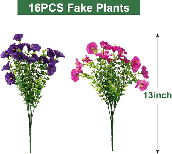 Artificial Flowers for Outdoors, UV Resistant Fake Silk Morning Glory, Realistic Faux Plants for Outside Porch Patio Window Box Hanging Planter (16, Purple Fuchsia)