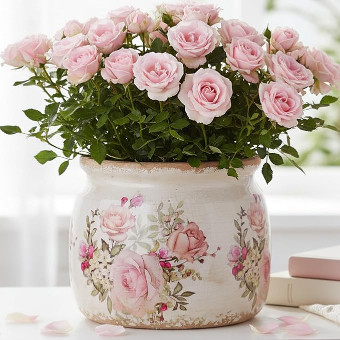 Ceramic Planter for Indoor Plants, 6.29 Inch Rose Pattern Crackle Glaze Flower Pot with Drainage Hole, Orchid Succulent Pots, European Farmhouse Bedroom Balcony Decor Gift, Pink